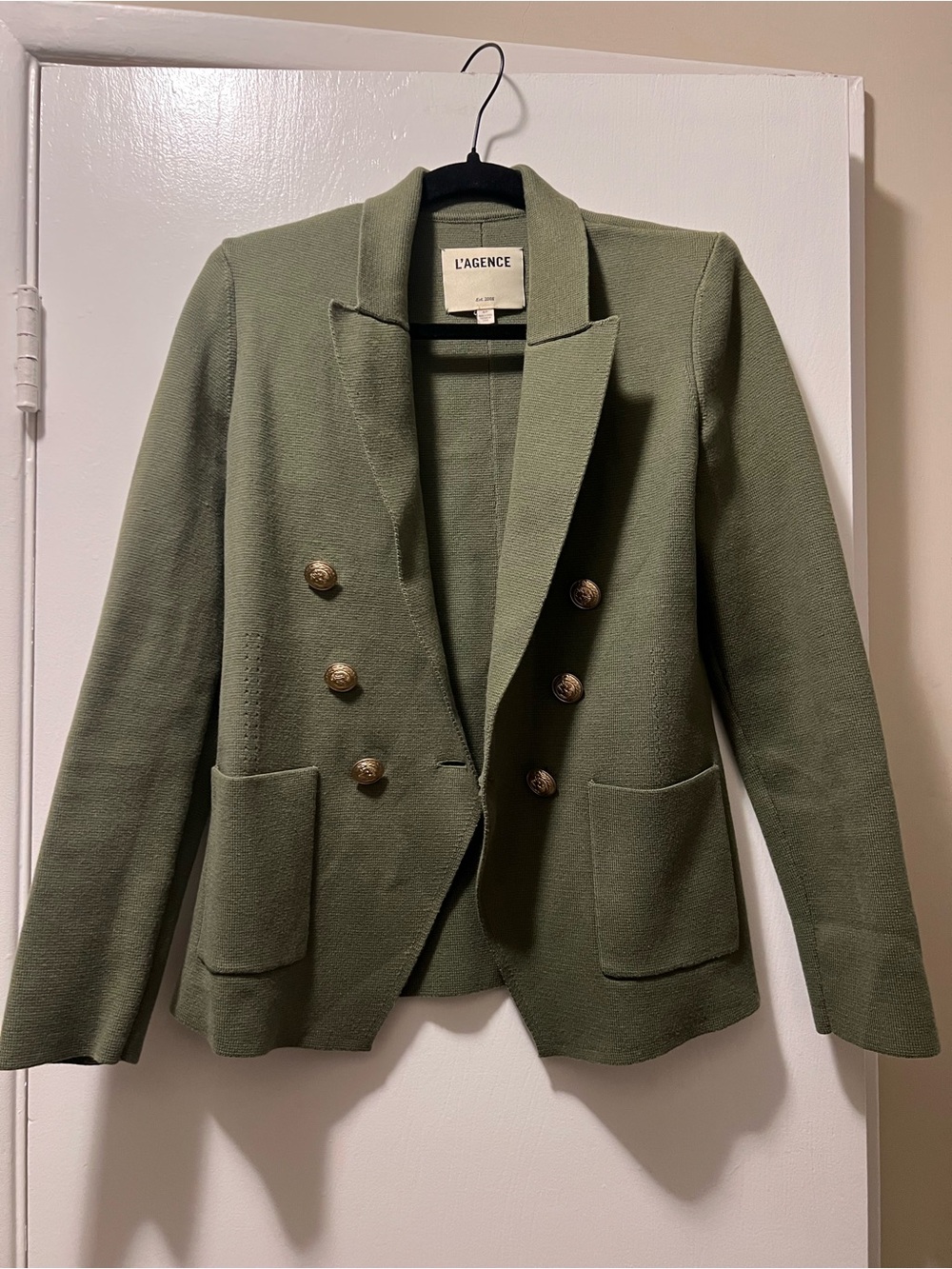 L'AGENCE Kenzie Knit Double-Breasted Blazer, Olive Color, Size Small - Picture 8 of 10